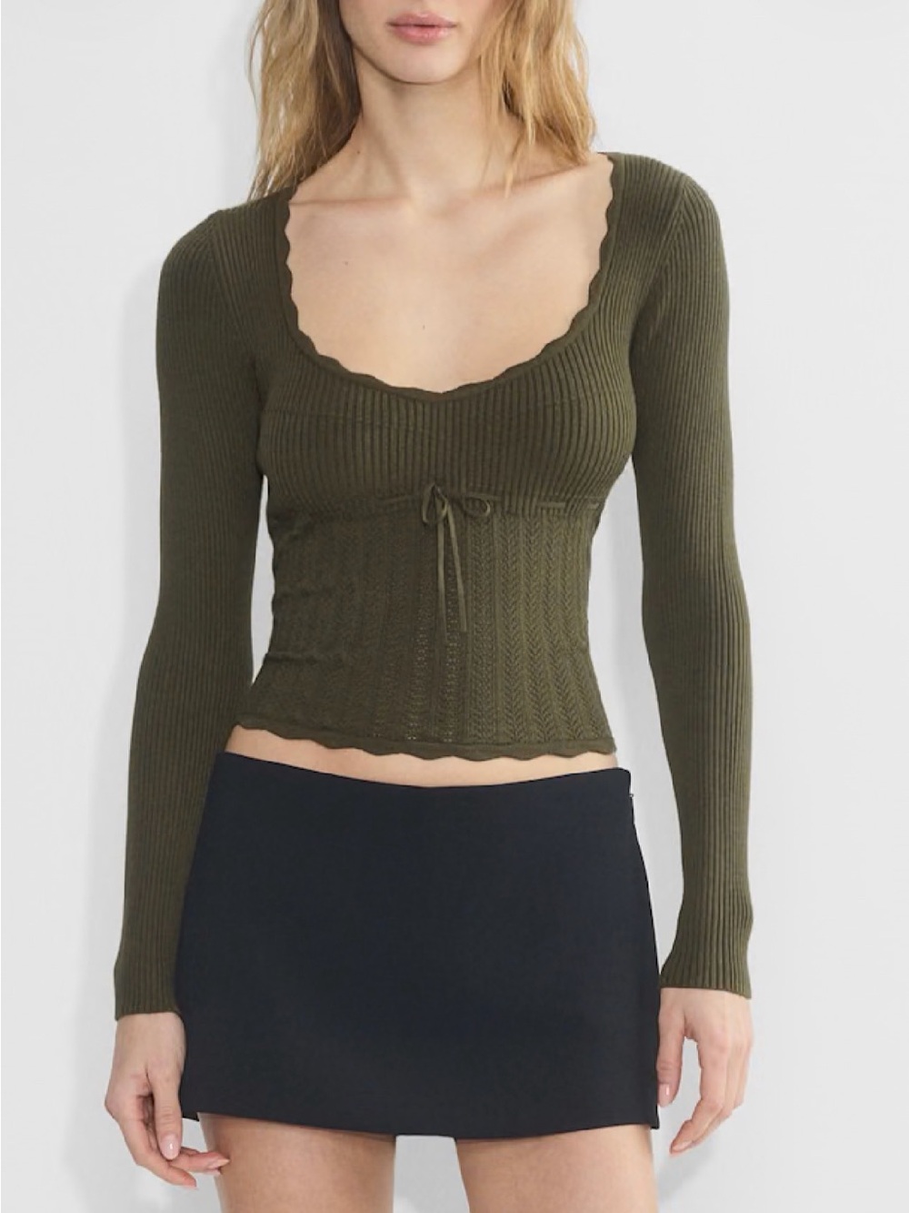 Ribbed Olive Scoopneck Long Sleeve Top with Waist Tie